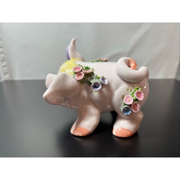 Vintage Lefton Piggy Bank Pig Porcelain Figurine With 3D Flower - Picture 4 of 14